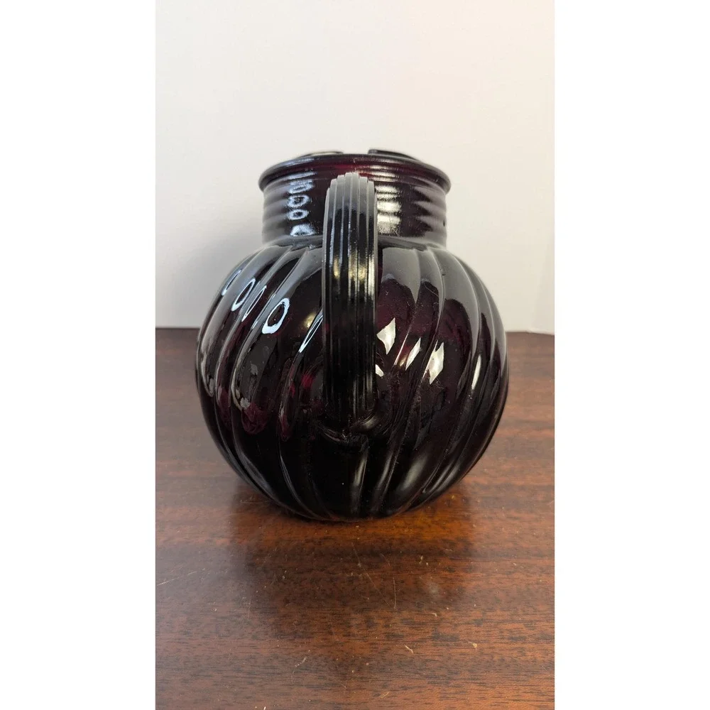 Vintage Ruby Red Glass Pitcher Cranberry Optic Swirl Water Jug Retro 6.5in Vase